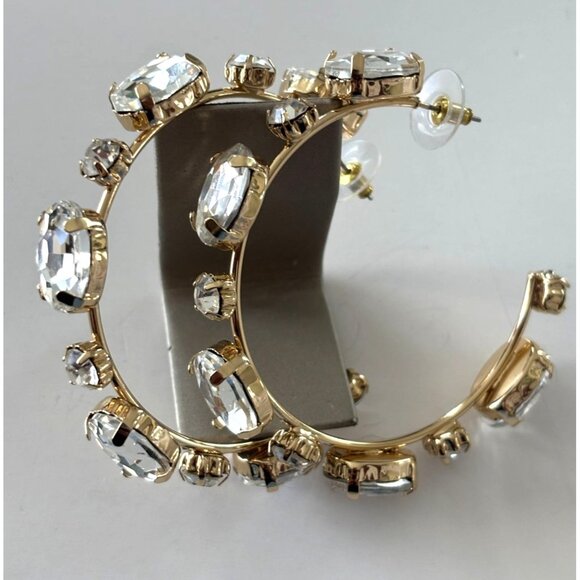 Gold-Tone Crystal Rhinestone Hoop Earrings For Women - 1.7" Diameter - Picture 1 of 5